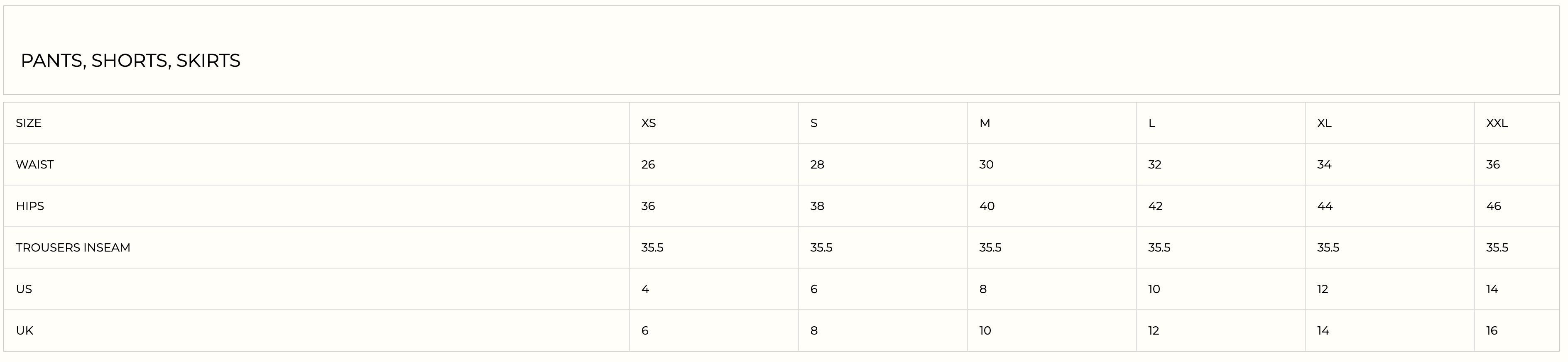 Product size guide