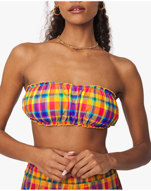 Scrunchie Bandeau Rainbow Plaid Bikini Top | Multi