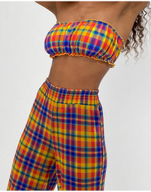 Scrunchie Bandeau Rainbow Plaid Bikini Top | Multi