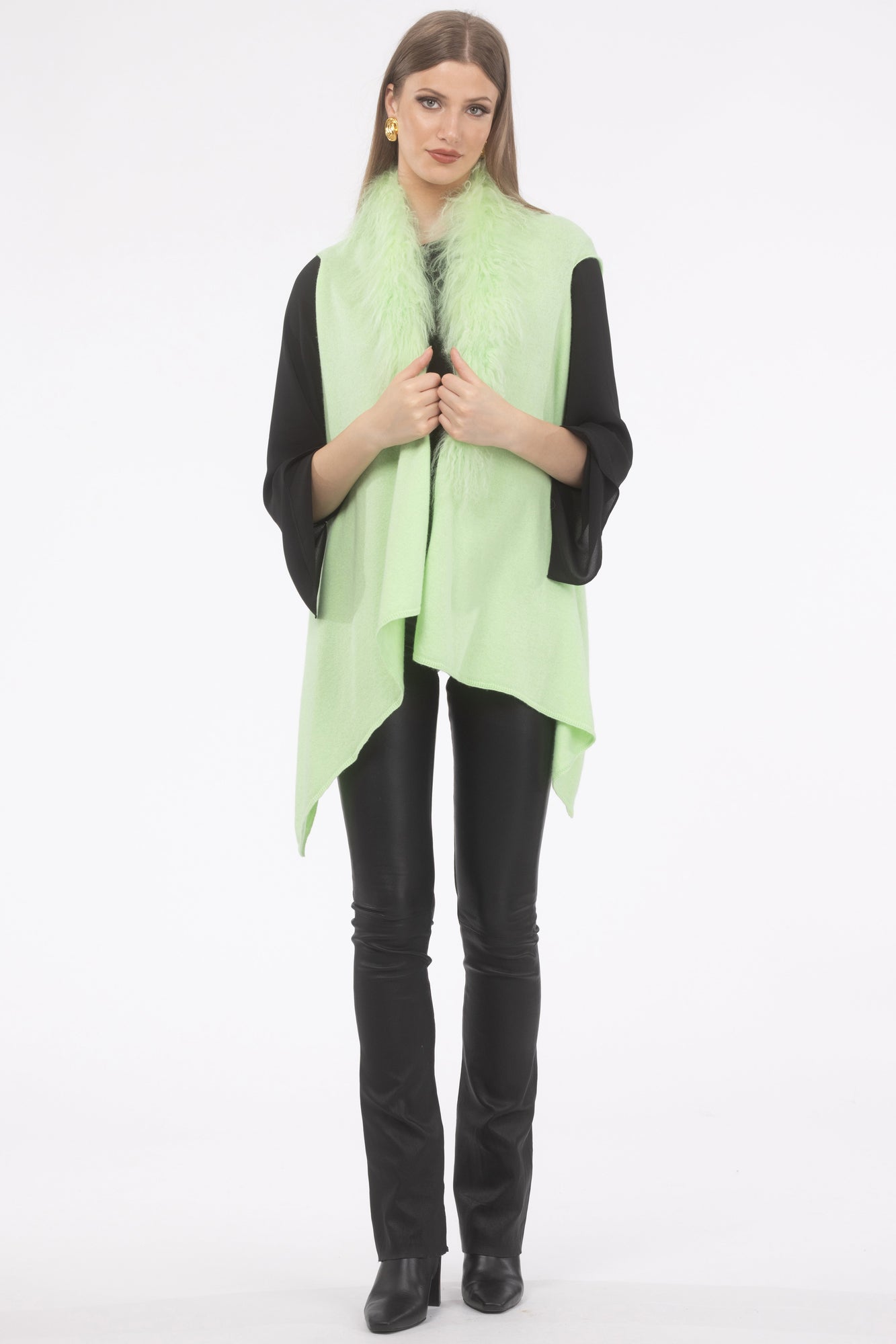 Select Cashmere And Merino Wool Blend Vest With Select Mongolian Lamb Trim | Lime Green