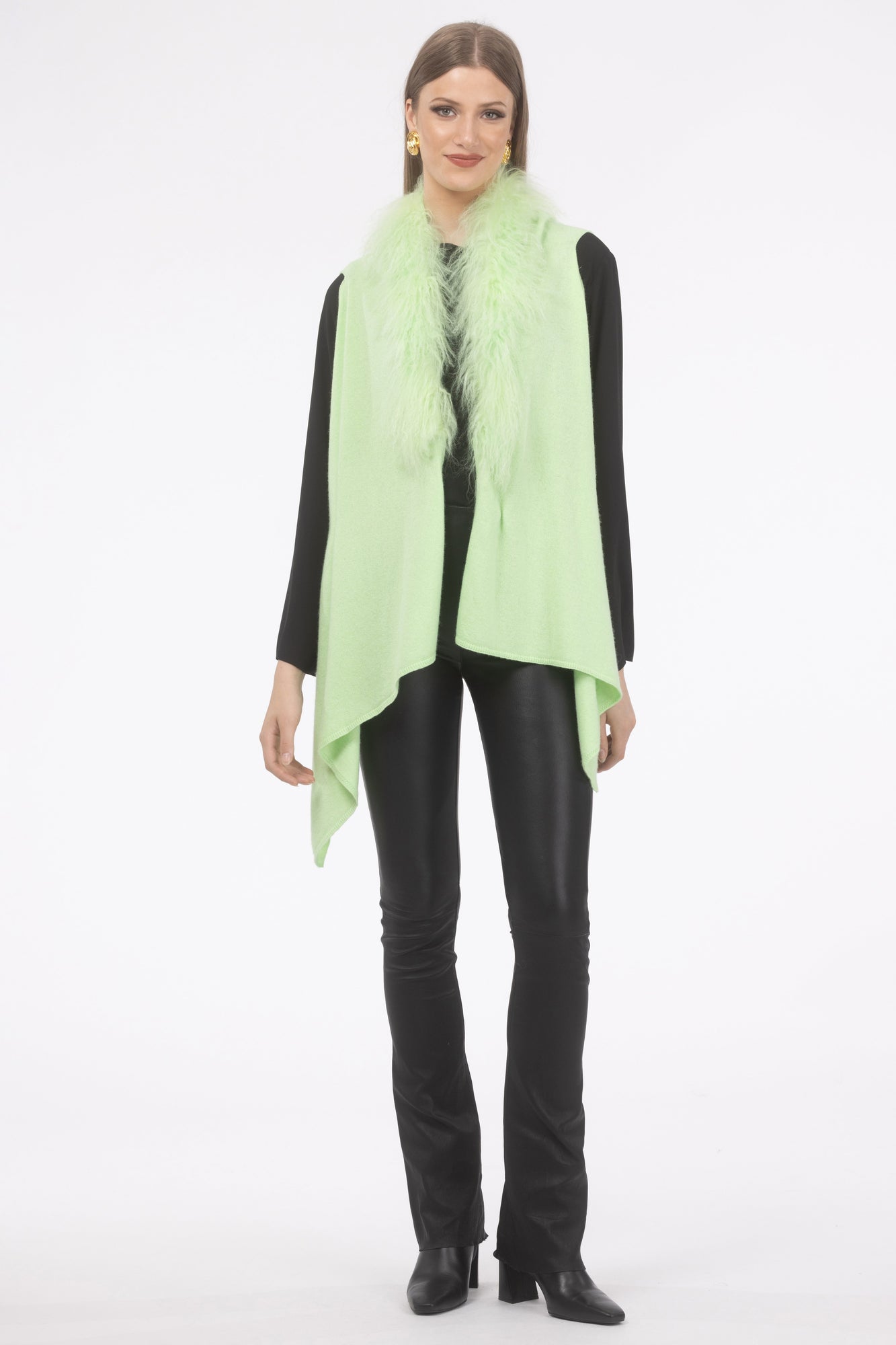 Select Cashmere And Merino Wool Blend Vest With Select Mongolian Lamb Trim | Lime Green