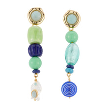 Blue and Green Beaded Earrings on Flat White Background