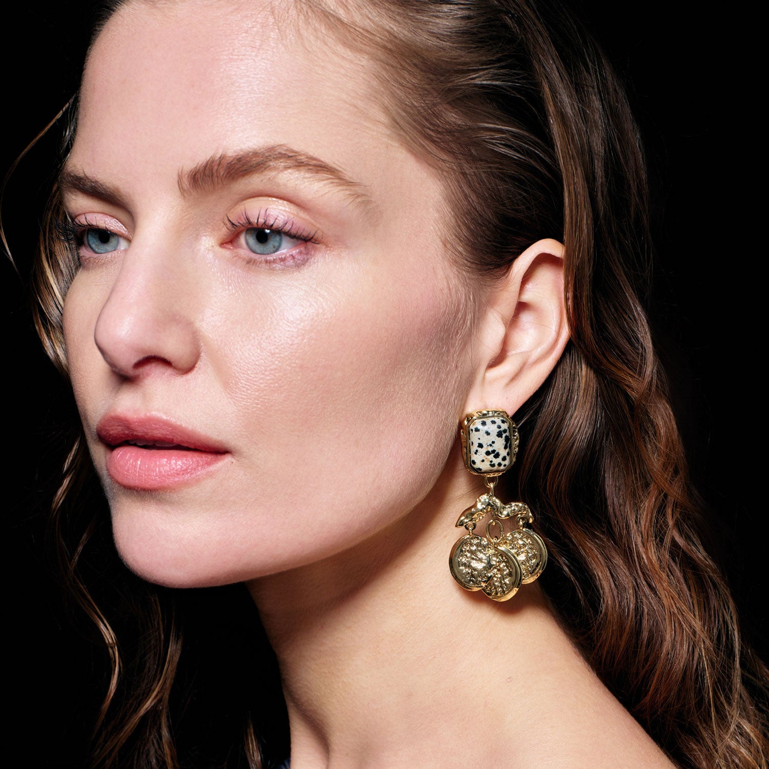 Carmen Earrings | Dalmatian Jasper | 14K Gold Plated Brass