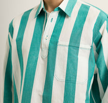 Shanklin Stripe Striped Overhead Open Collar Linen Shirt Green/White Sand | Green/White Sand