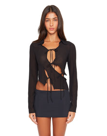 Sheer Long Sleeve Tie Top | Black