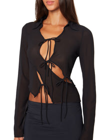 Sheer Long Sleeve Tie Top | Black