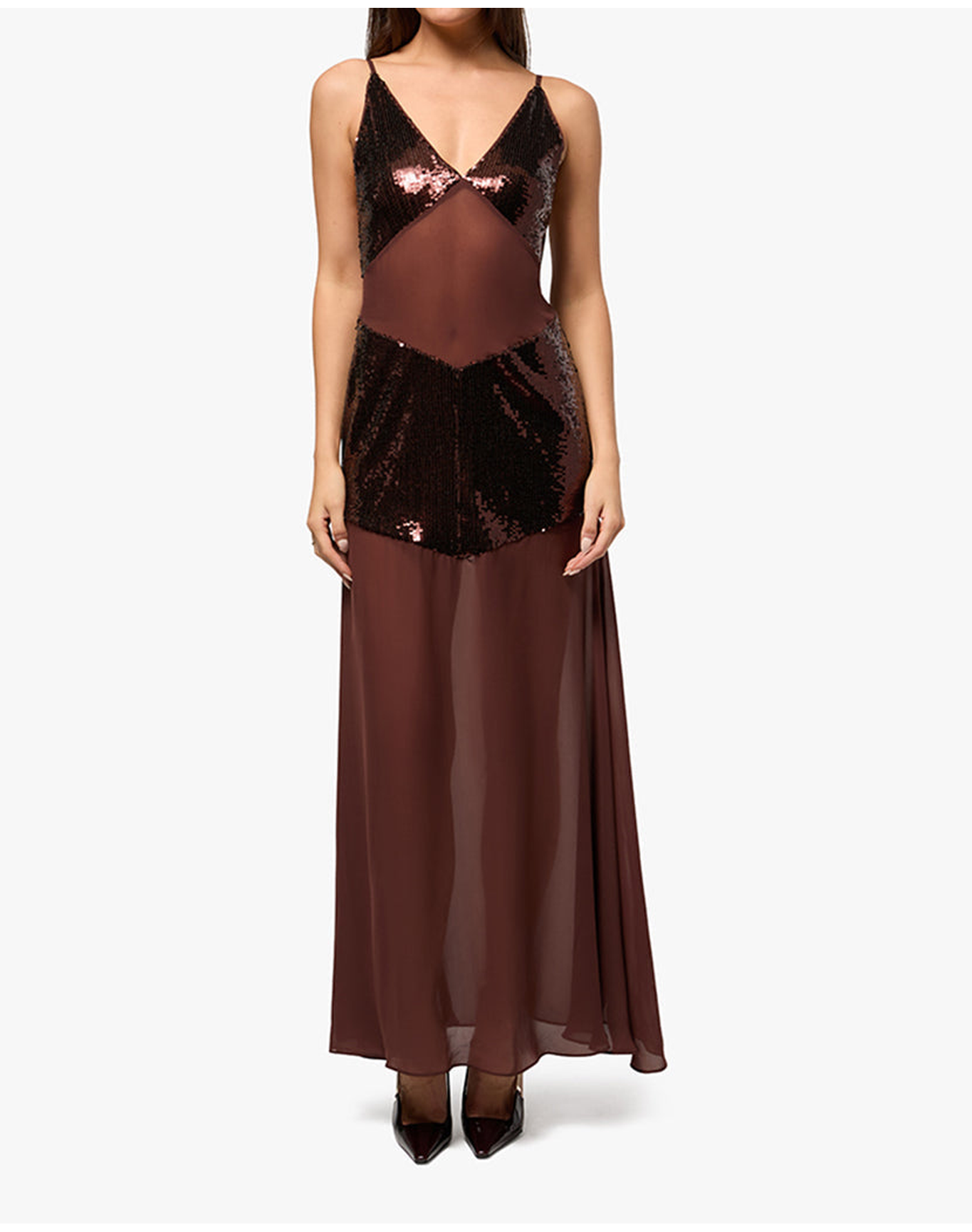 Sheer Panel Maxi Dress | Chocolate