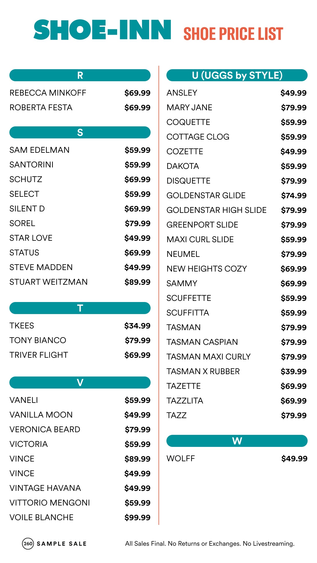 Price table