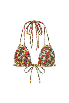 Multicolored floral print triangle bikini top with halter neck ties and center bow closure.
