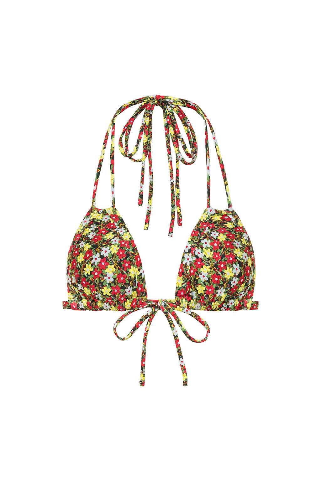 Multicolored floral print triangle bikini top with halter neck ties and center bow closure.