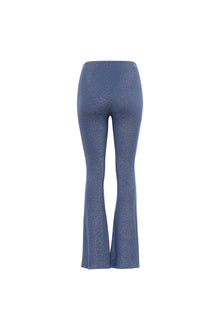 Blue sparkle flare pants with high waist and wide legs, displayed on a neutral background.