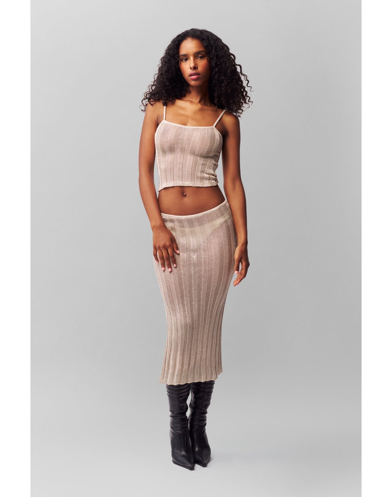 Slinky Rib Knit Midi Skirt | Silver