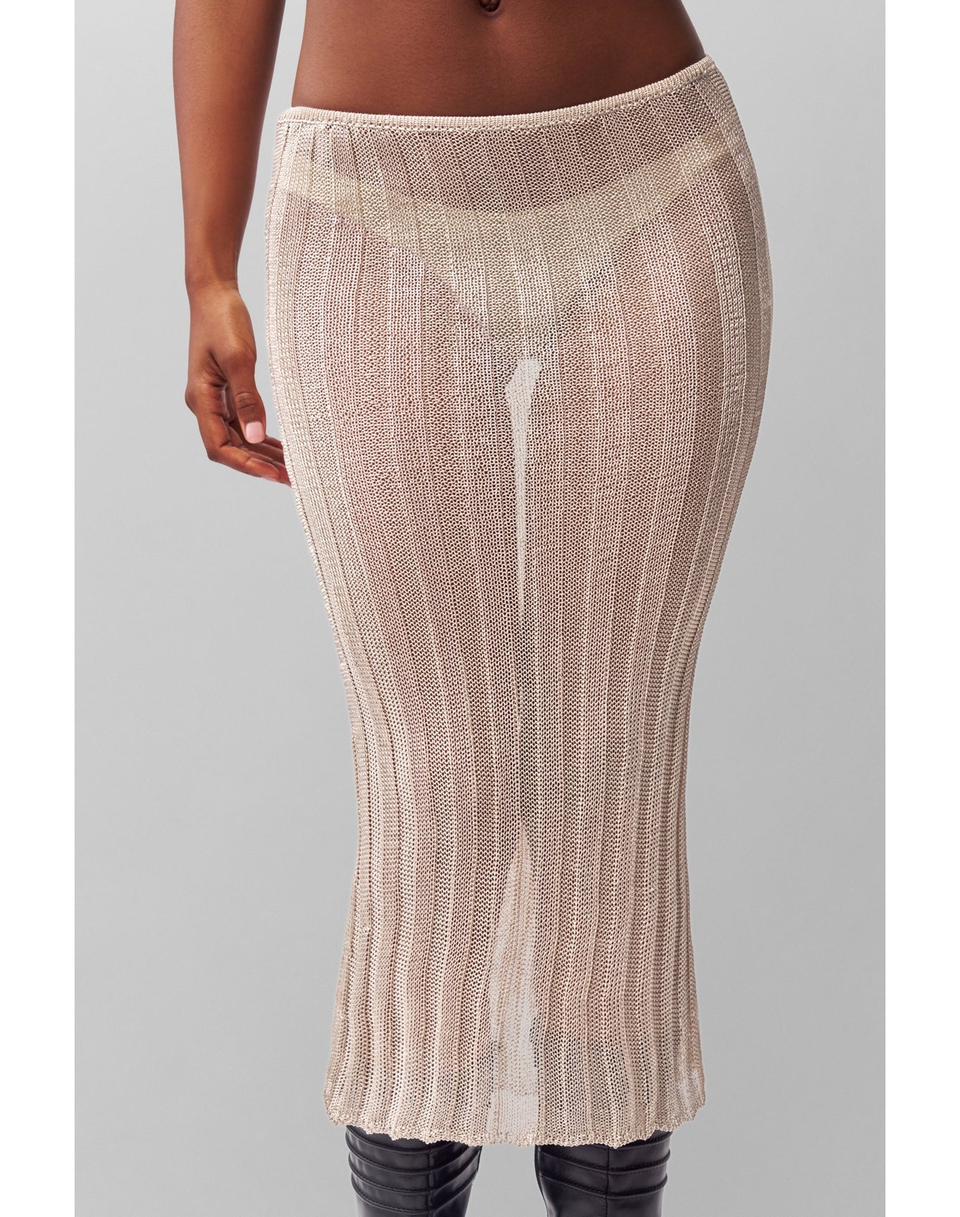 Slinky Rib Knit Midi Skirt | Silver