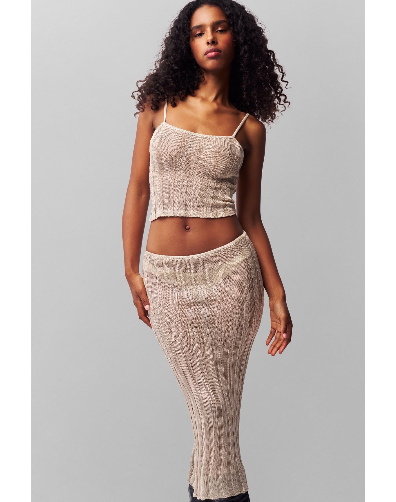 Slinky Rib Knit Midi Skirt | Silver