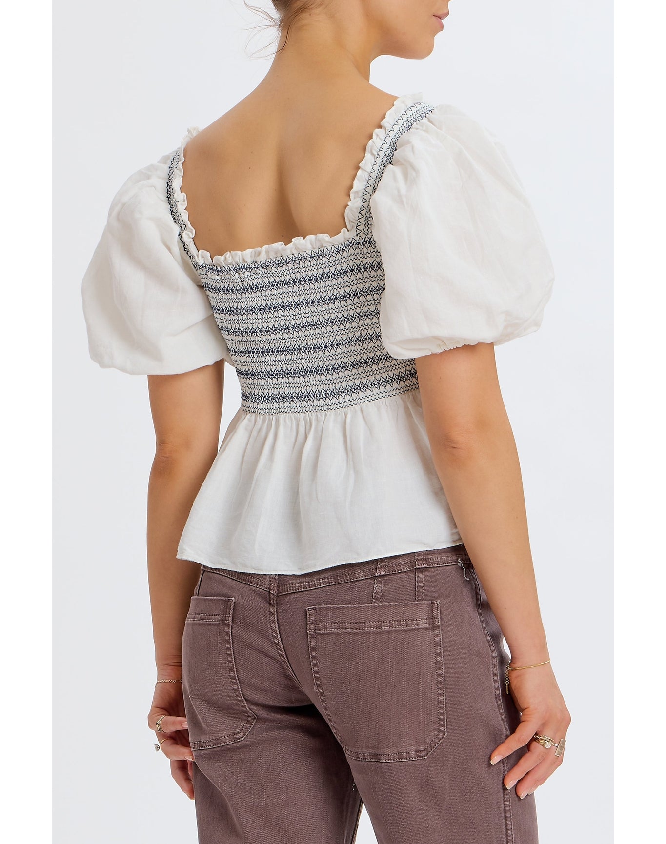 Smocked Puff Shoulder Top | White