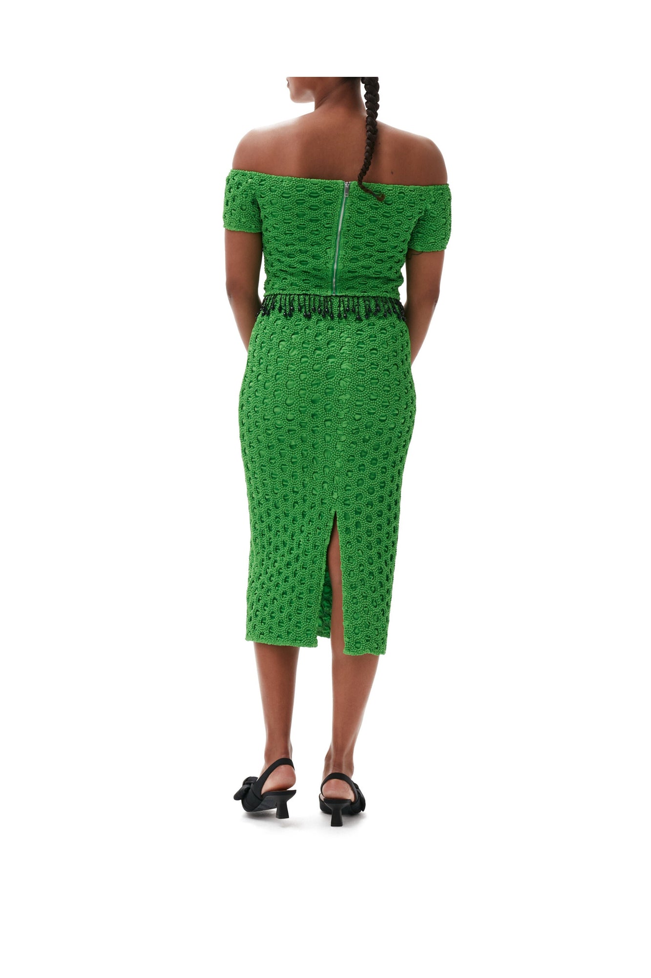 Smocked Satin Off Shoulder Top | Classic Green