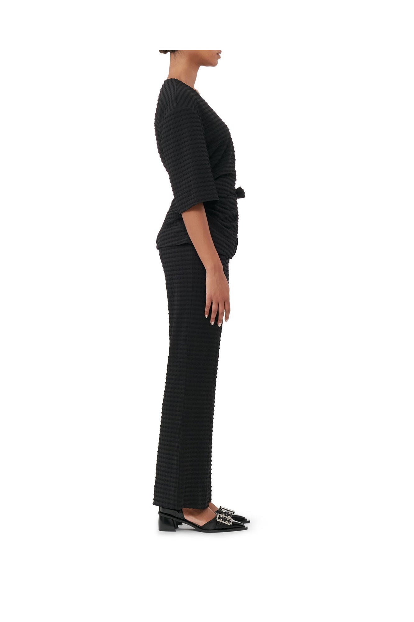 Stretch Seersucker Wrap Blouse | Black