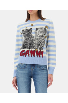 Striped Graphic Cat Jumper | Illusion Blue