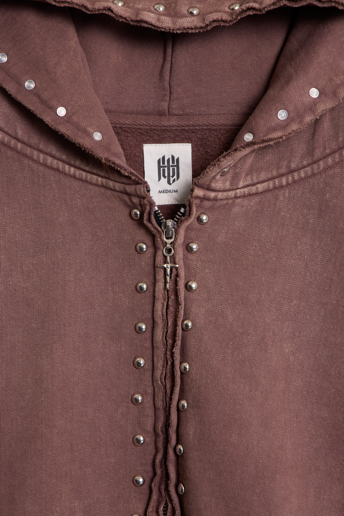 Studded Ruffle Zip Up Hoodie | Washed Brown