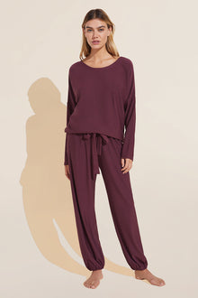 Model wears Softest Sweats Plush TENCEL™ Top in mulberry.