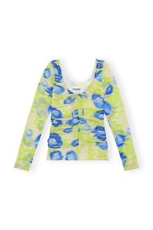 Printed Mesh U-neck Ruched Blouse | Strong Blue