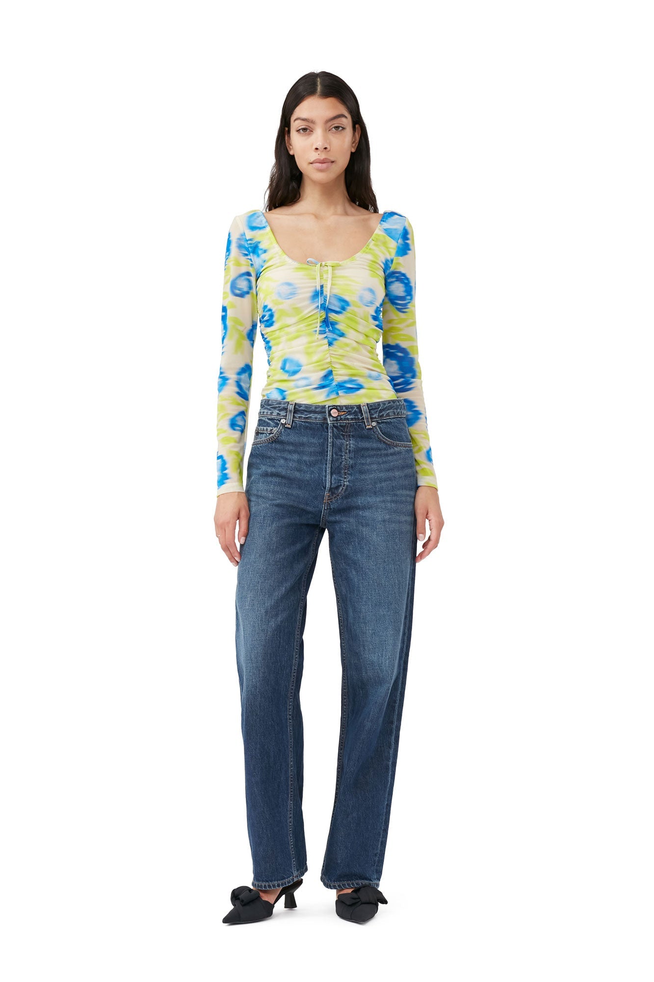 Printed Mesh U-neck Ruched Blouse | Strong Blue