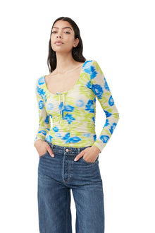 Printed Mesh U-neck Ruched Blouse | Strong Blue