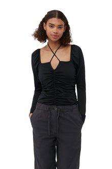 Shiny Crepe Jersey Ruched Blouse | Black