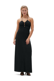 Shiny Crepe Jersey Long Dress | Black