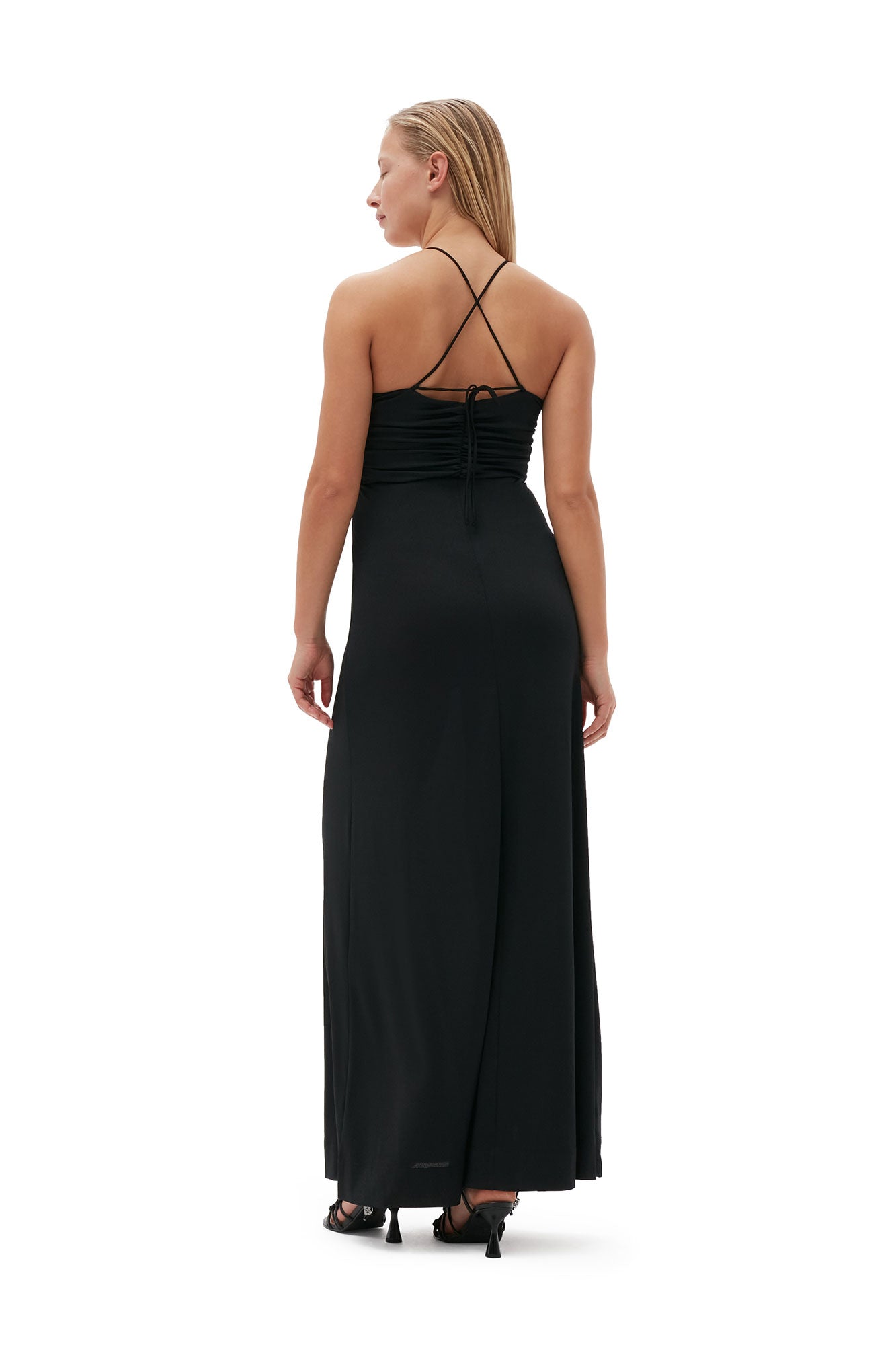 Shiny Crepe Jersey Long Dress | Black