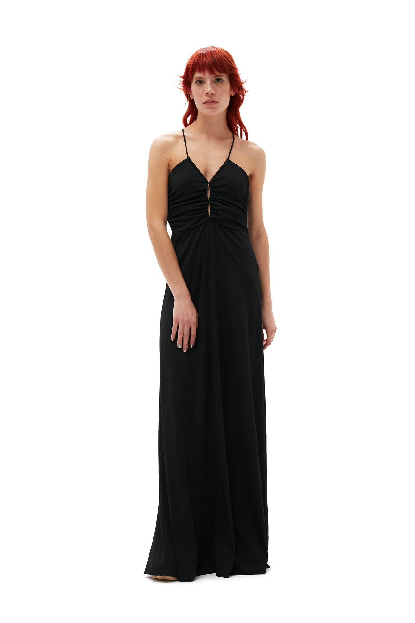 Shiny Crepe Jersey Long Dress | Black