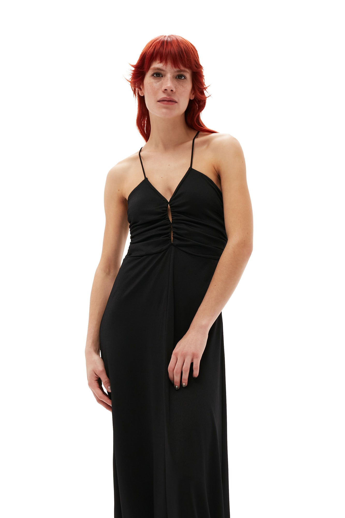 Shiny Crepe Jersey Long Dress | Black