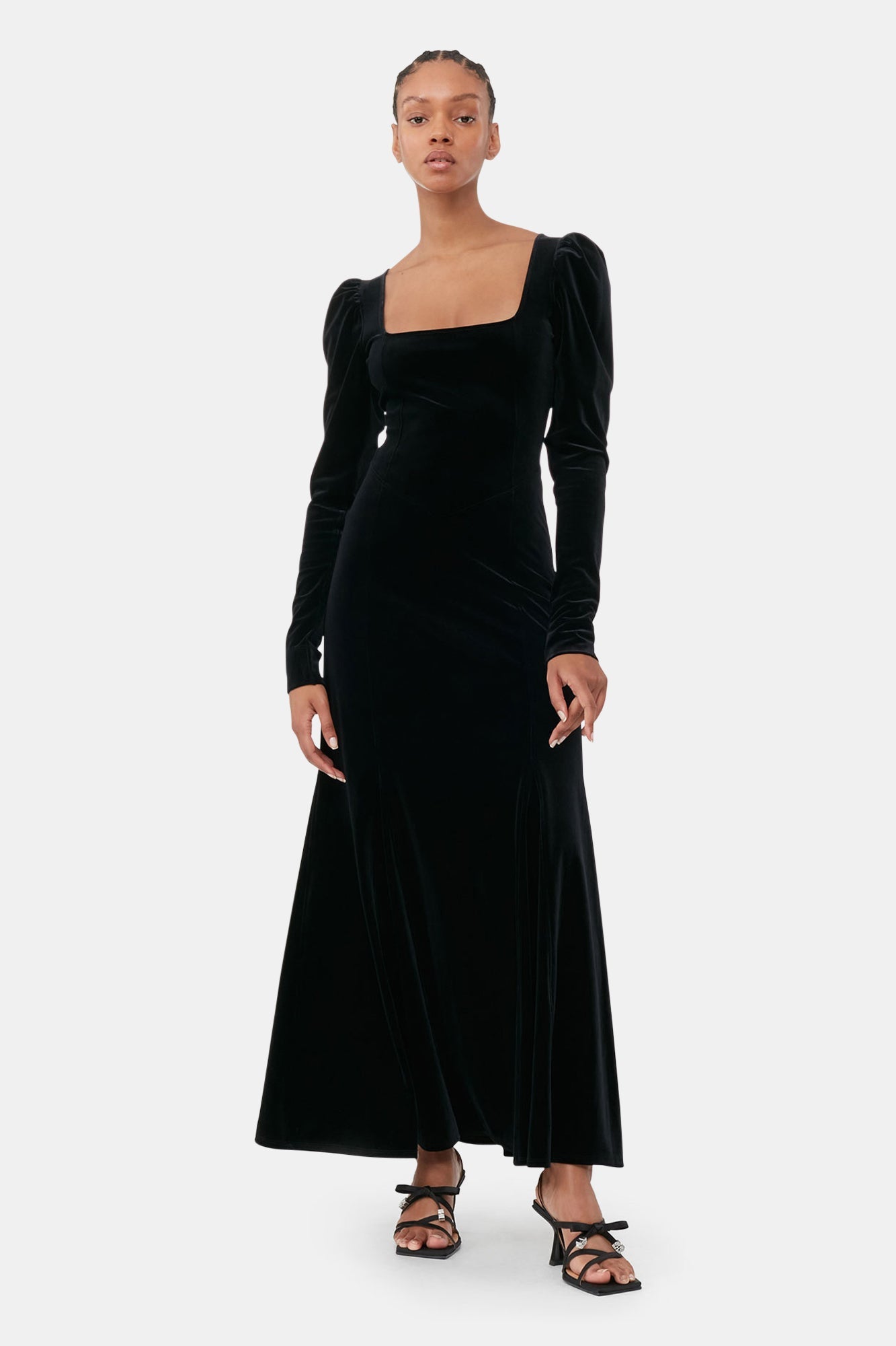 Velvet Jersey Puff Sleeve Maxi Dress | Black