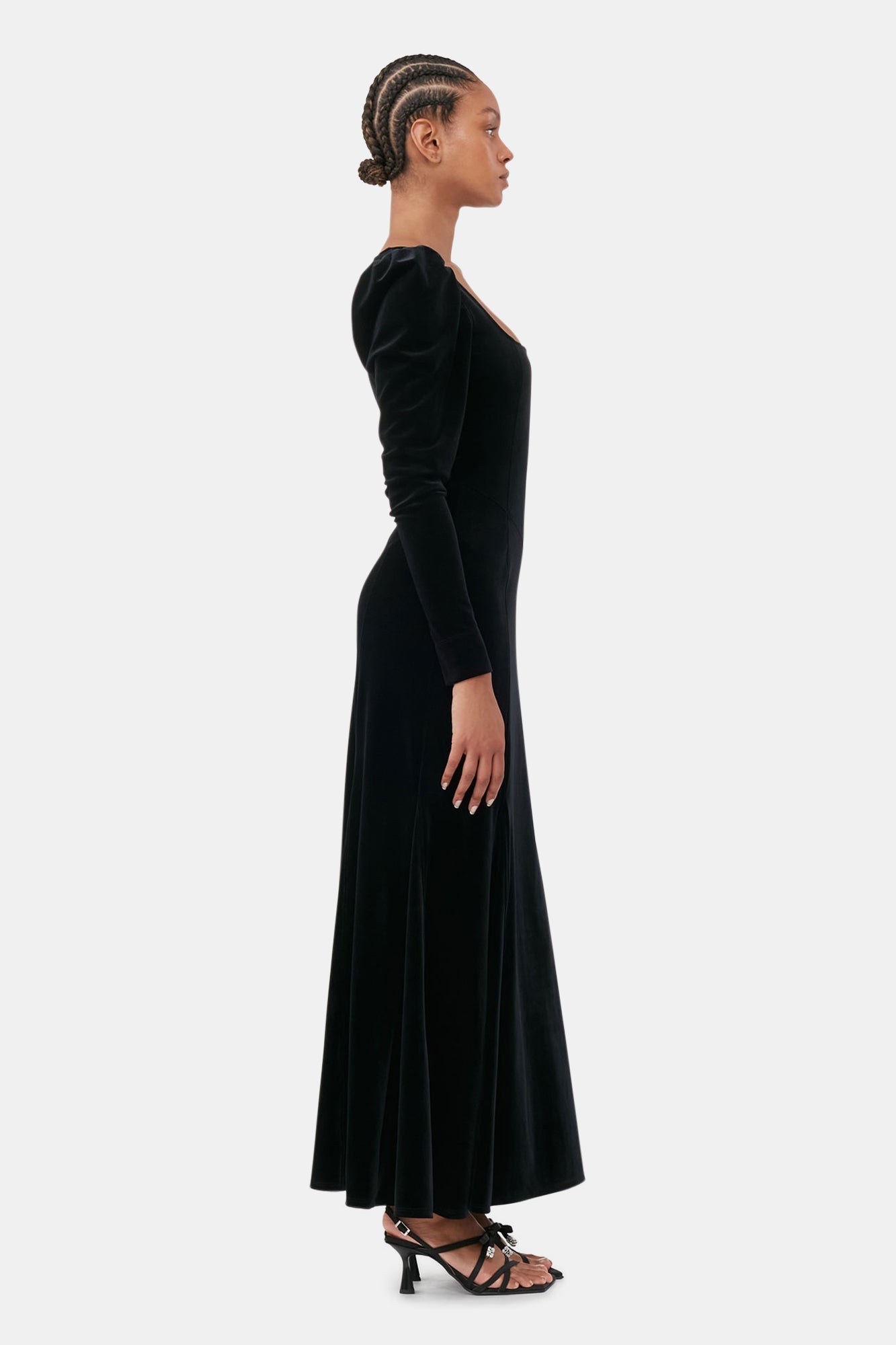 Velvet Jersey Puff Sleeve Maxi Dress | Black