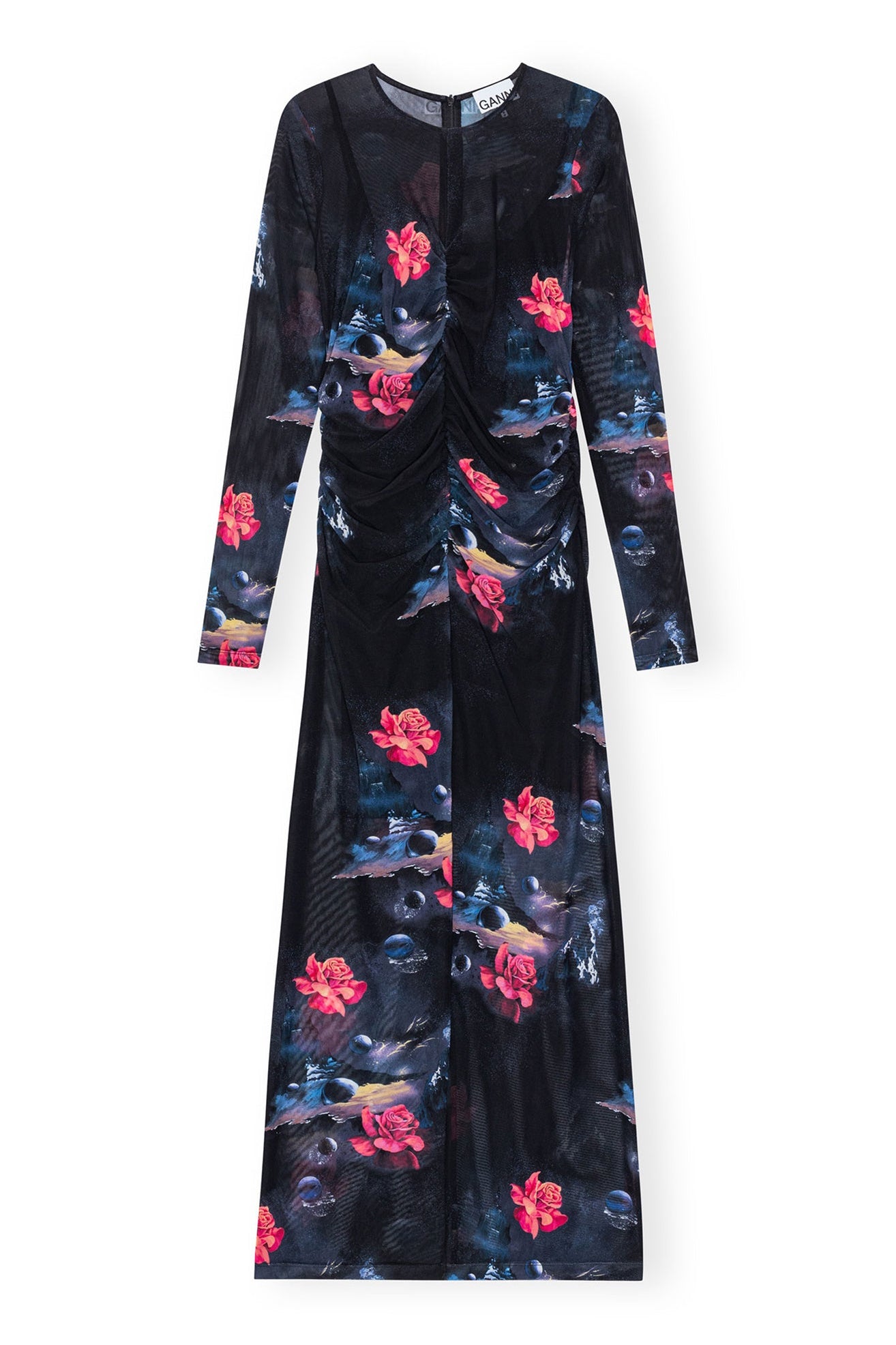 Printed Mesh O-Neck Ruched Long Dress | Black