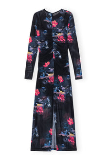 Printed Mesh O-Neck Ruched Long Dress | Black