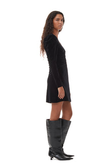 Velvet Jersey Gathered Mini Dress | Black