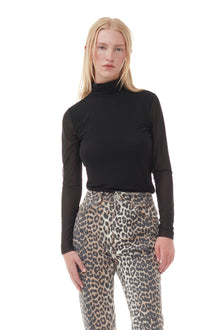 Mesh Long-sleeve Roll Neck Blouse | Black