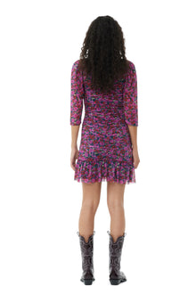 Printed Mesh Flounce Ruched Mini Dress | Fiji Flower