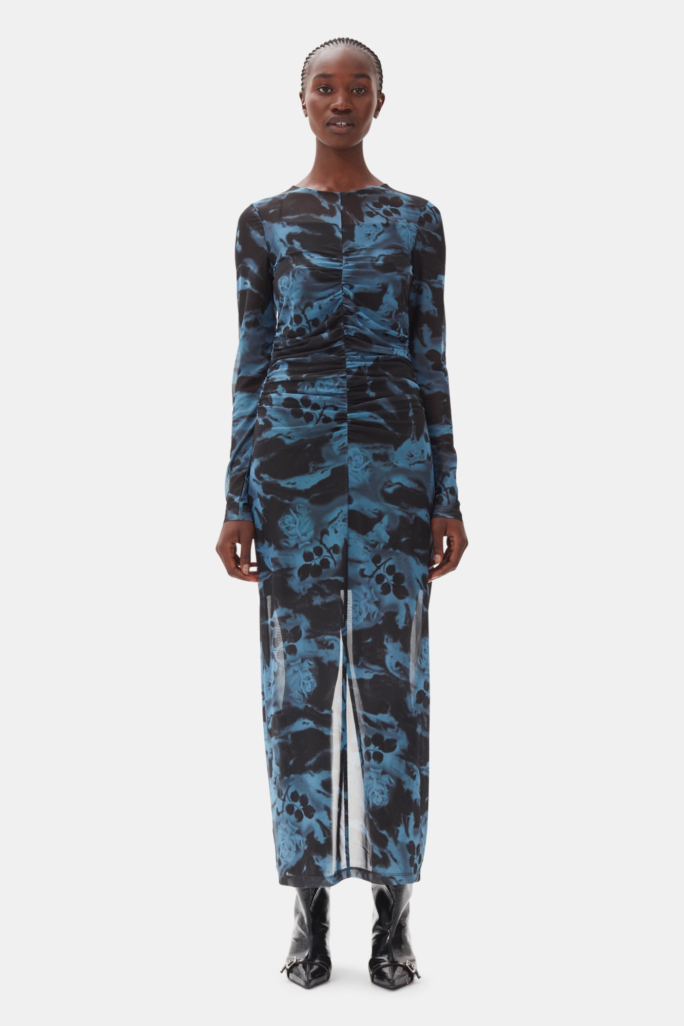 Printed Mesh O-Neck Ruched Long Dress | Blue Shadow