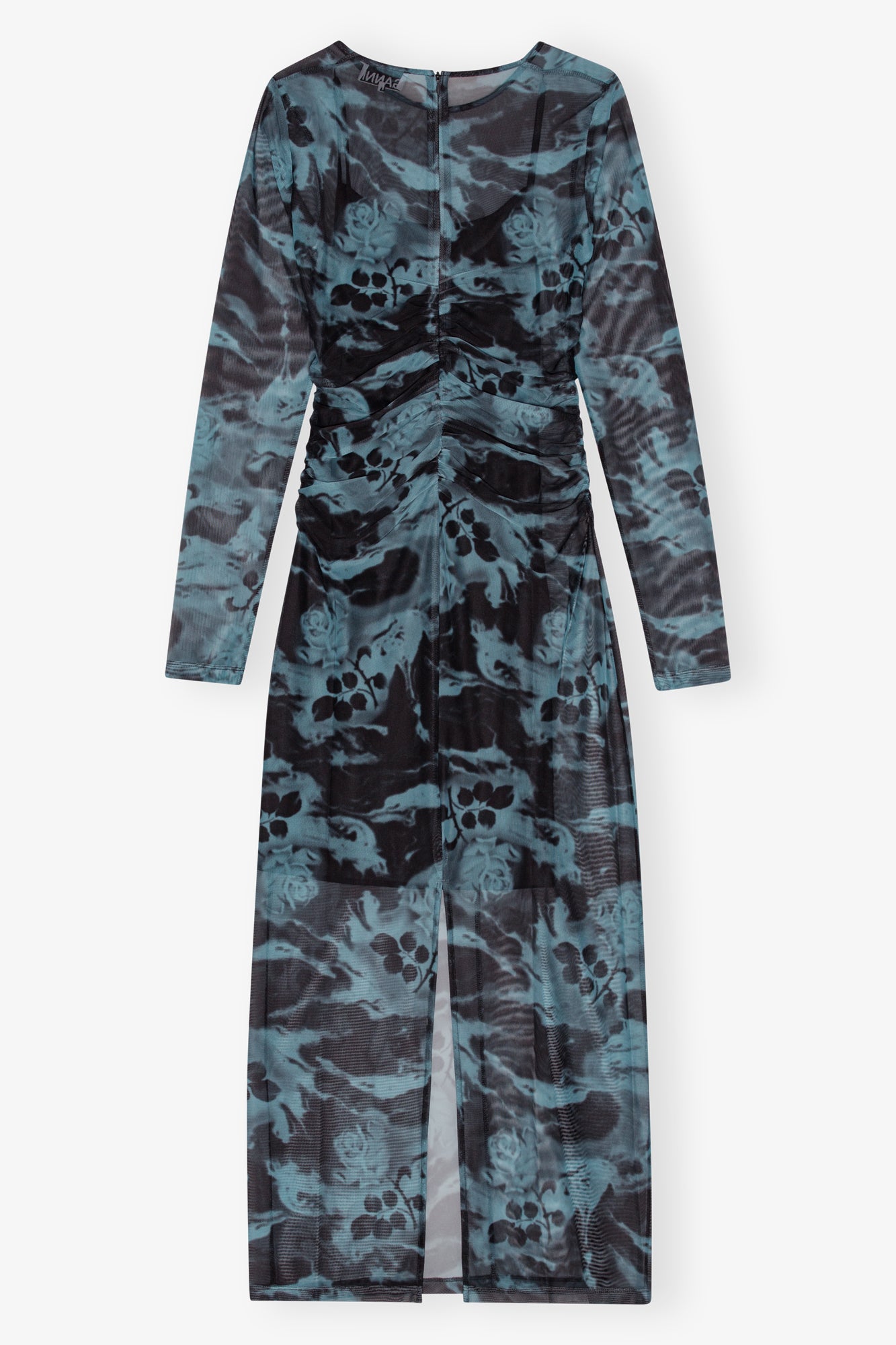 Printed Mesh O-Neck Ruched Long Dress | Blue Shadow