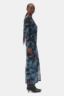 Printed Mesh O-Neck Ruched Long Dress | Blue Shadow