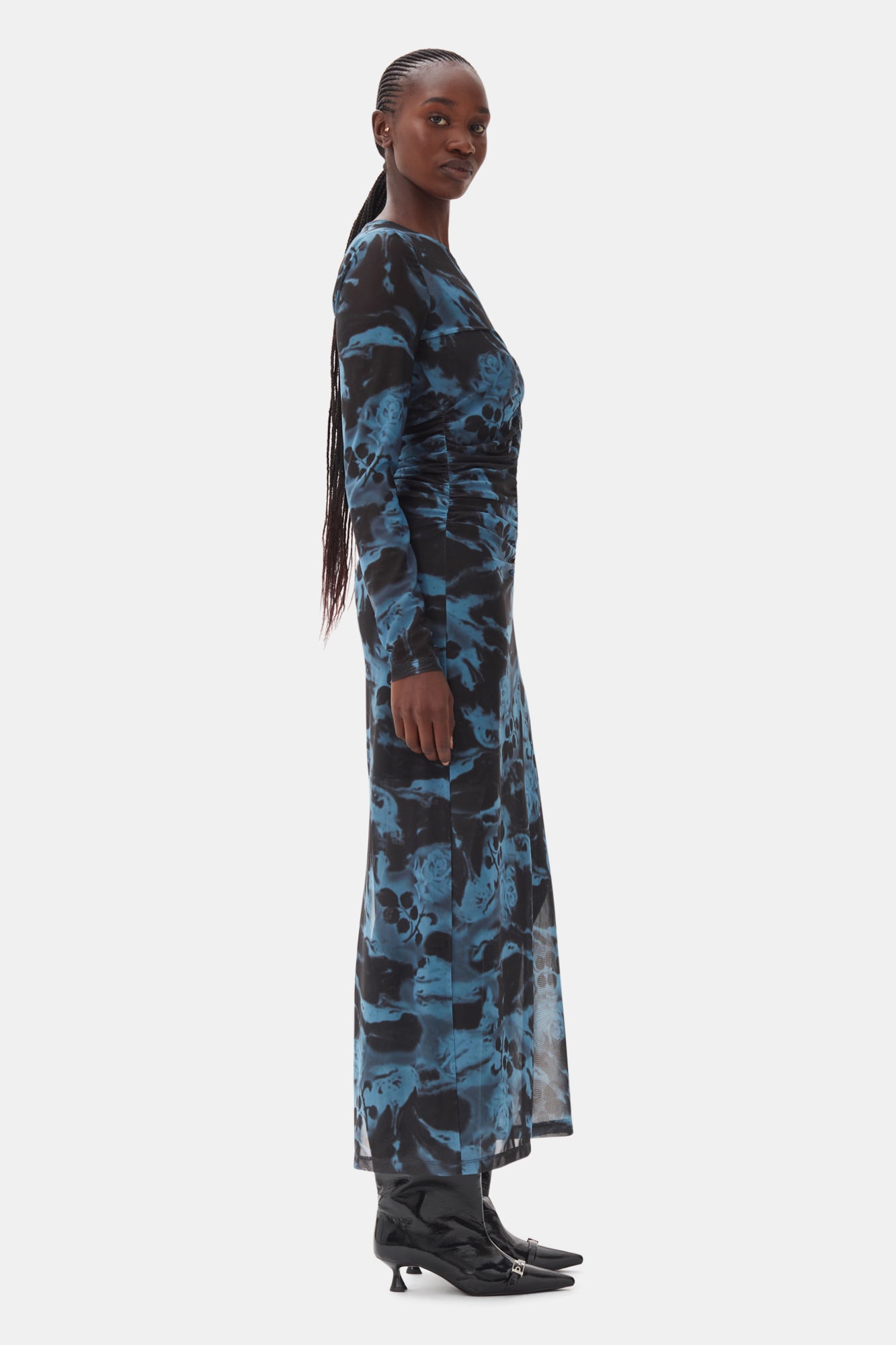 Printed Mesh O-Neck Ruched Long Dress | Blue Shadow