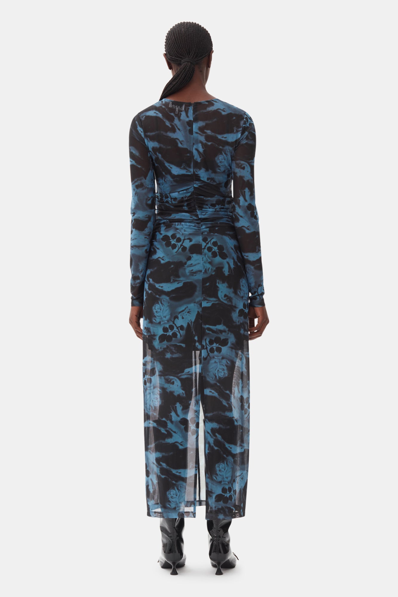 Printed Mesh O-Neck Ruched Long Dress | Blue Shadow