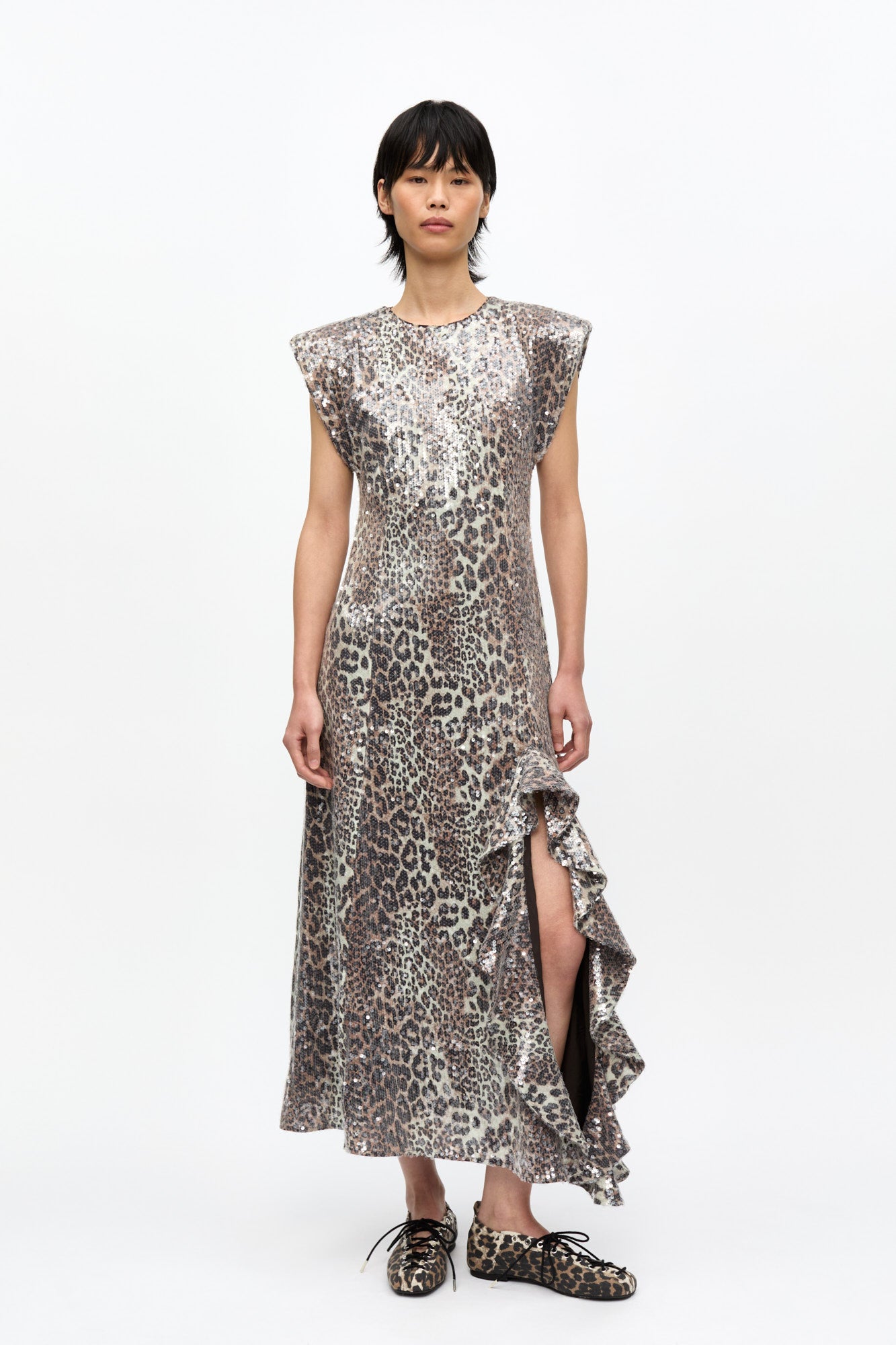 Printed Stretch Sequins Slit Long Dress | Leopard