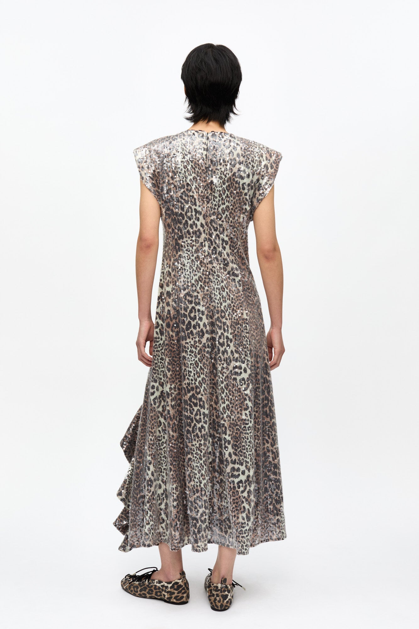 Printed Stretch Sequins Slit Long Dress | Leopard