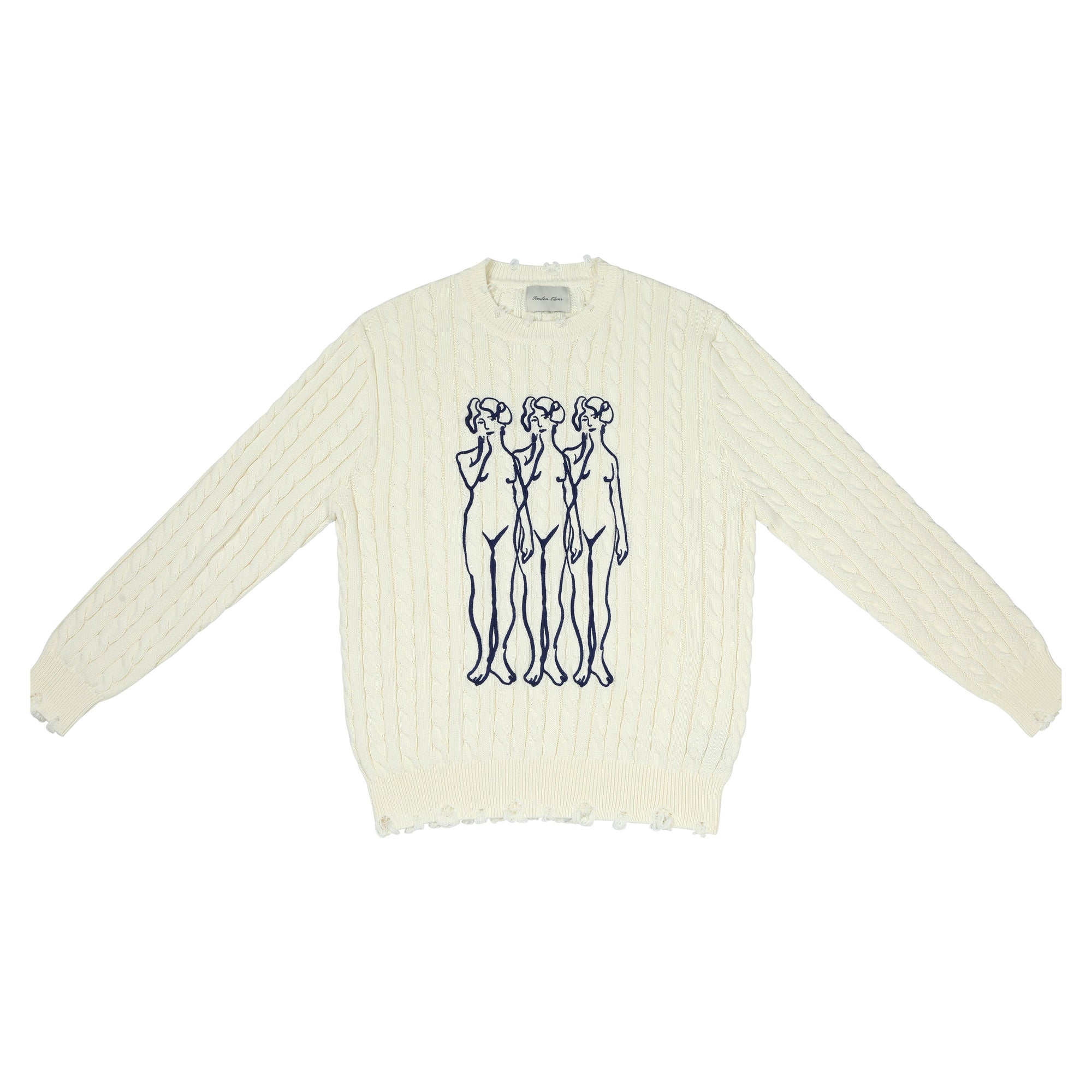 Three Amigas Distressed Cable-Knit Crewneck Sweater | Off-White