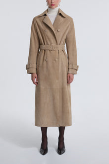 Model is Wearing Nour Hammour Tate Tailored Suede Trench Sable - Front Closed
