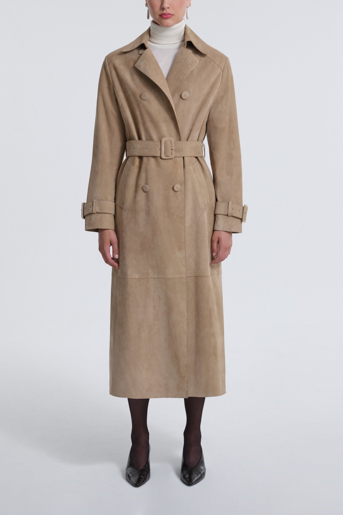 Model is Wearing Nour Hammour Tate Tailored Suede Trench Sable - Front Closed
