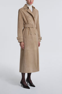 Model is Wearing Nour Hammour Tate Tailored Suede Trench Sable - Three Quarters 